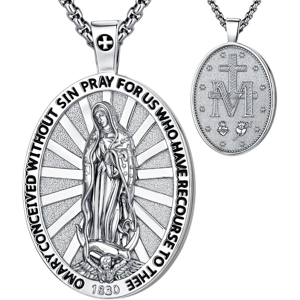 Virgin Mary Patron Saint Necklace Silver Oval Medallion with Bible Verses